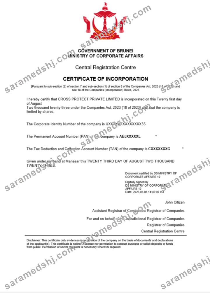 Brunei certificate of registration Word and PDF template